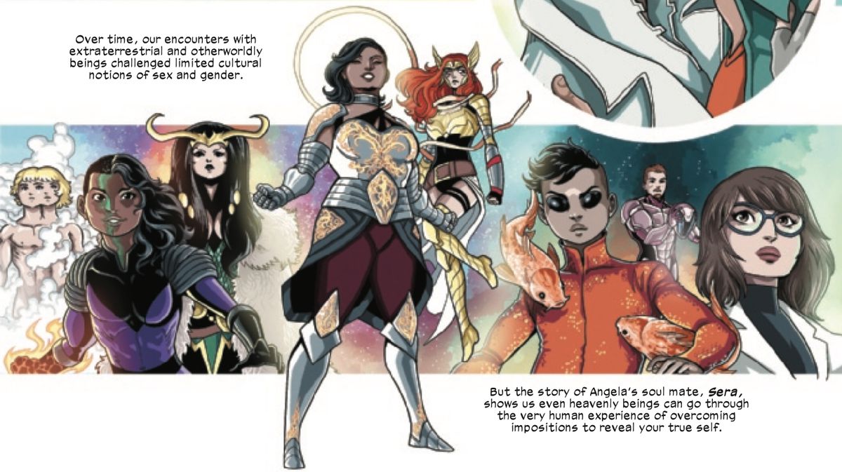 A collage image of queer, but mostly genderqueer Marvel characters, including Xavin, Lady Loki, Sera, Angela, Koi Boi, and Dr. McGowan in Marvel Voices: Pride #1 (2023).