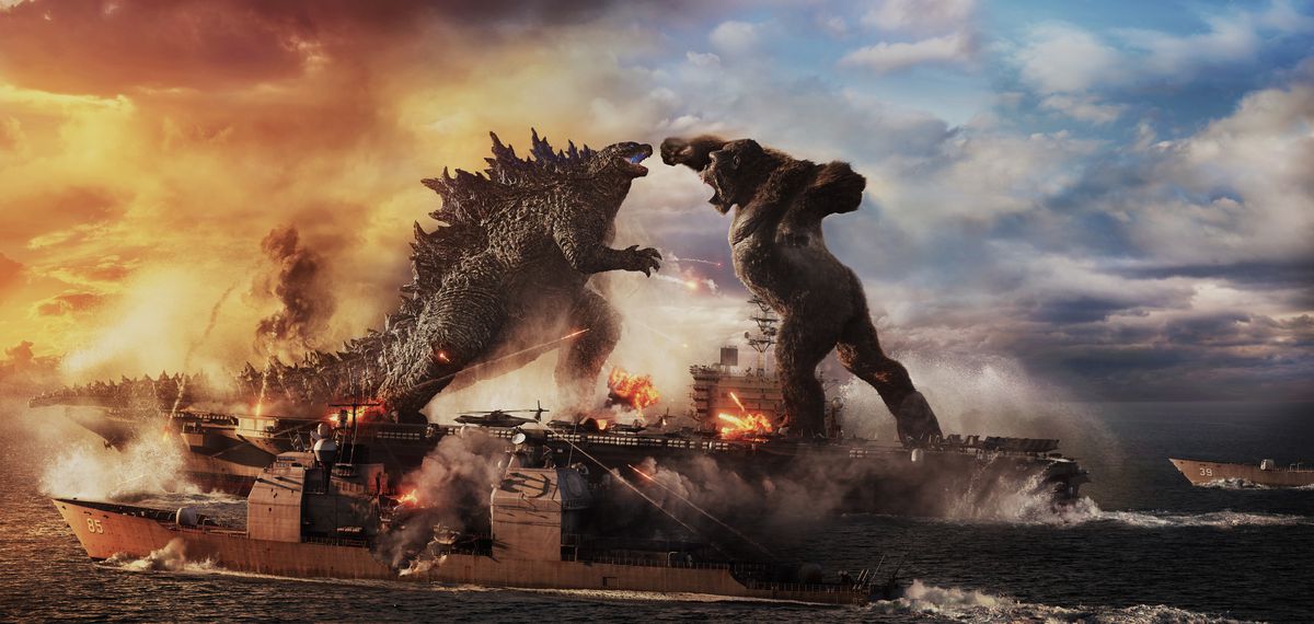 Godzilla and King Kong square off on an aircraft carrier in Godzilla vs. Kong