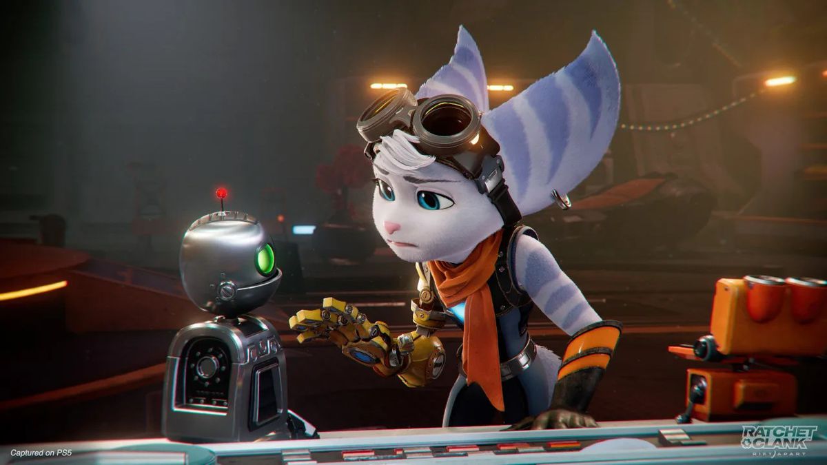Rivet speaks to Clank in a screenshot from Ratchet &amp; Clank: Rift Apart