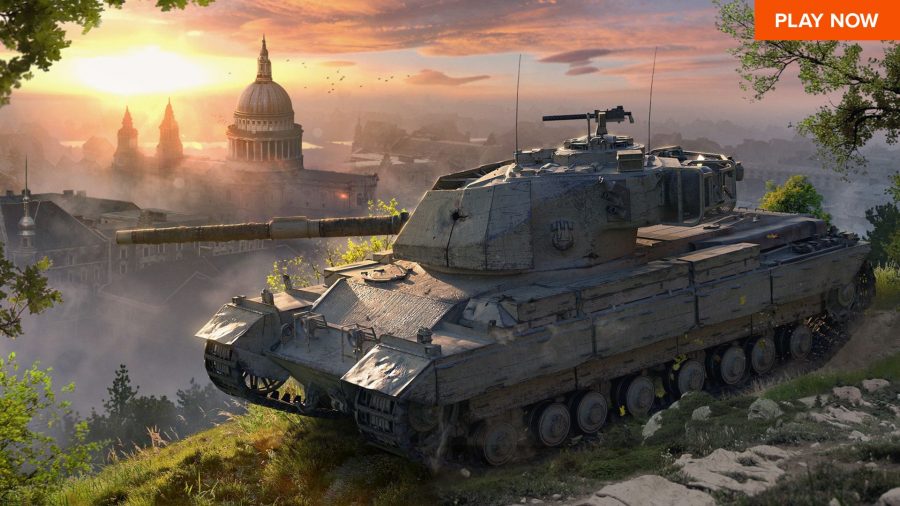A tank is parked on a hill looking over a city in one of the best tank games: World of Tanks