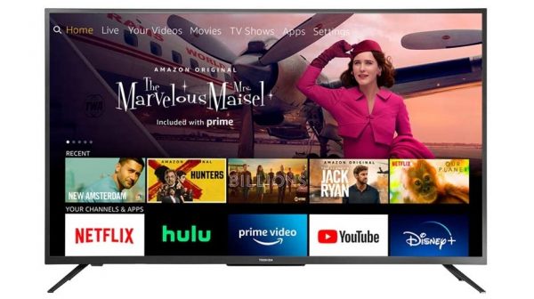 The 50-inch Toshiba 4K UHD Fire TV Edition from the Prime Day TV deal showing the Amazon Prime Video interface and a still from The Marvelous Mrs Maisel