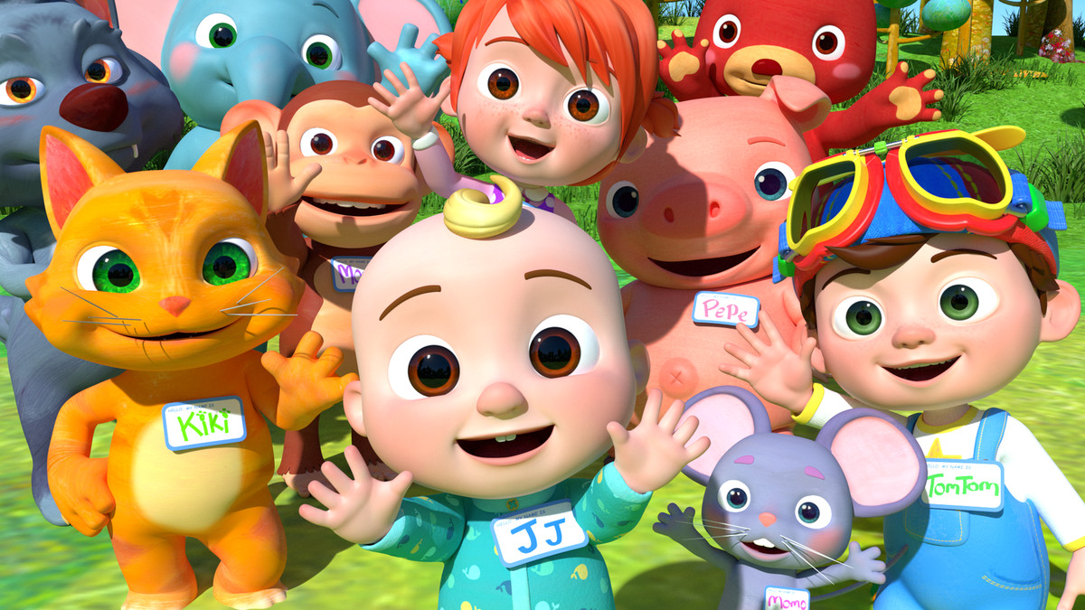 CG babies and anthropomorphic cats wearing nametags in Cocomelon.