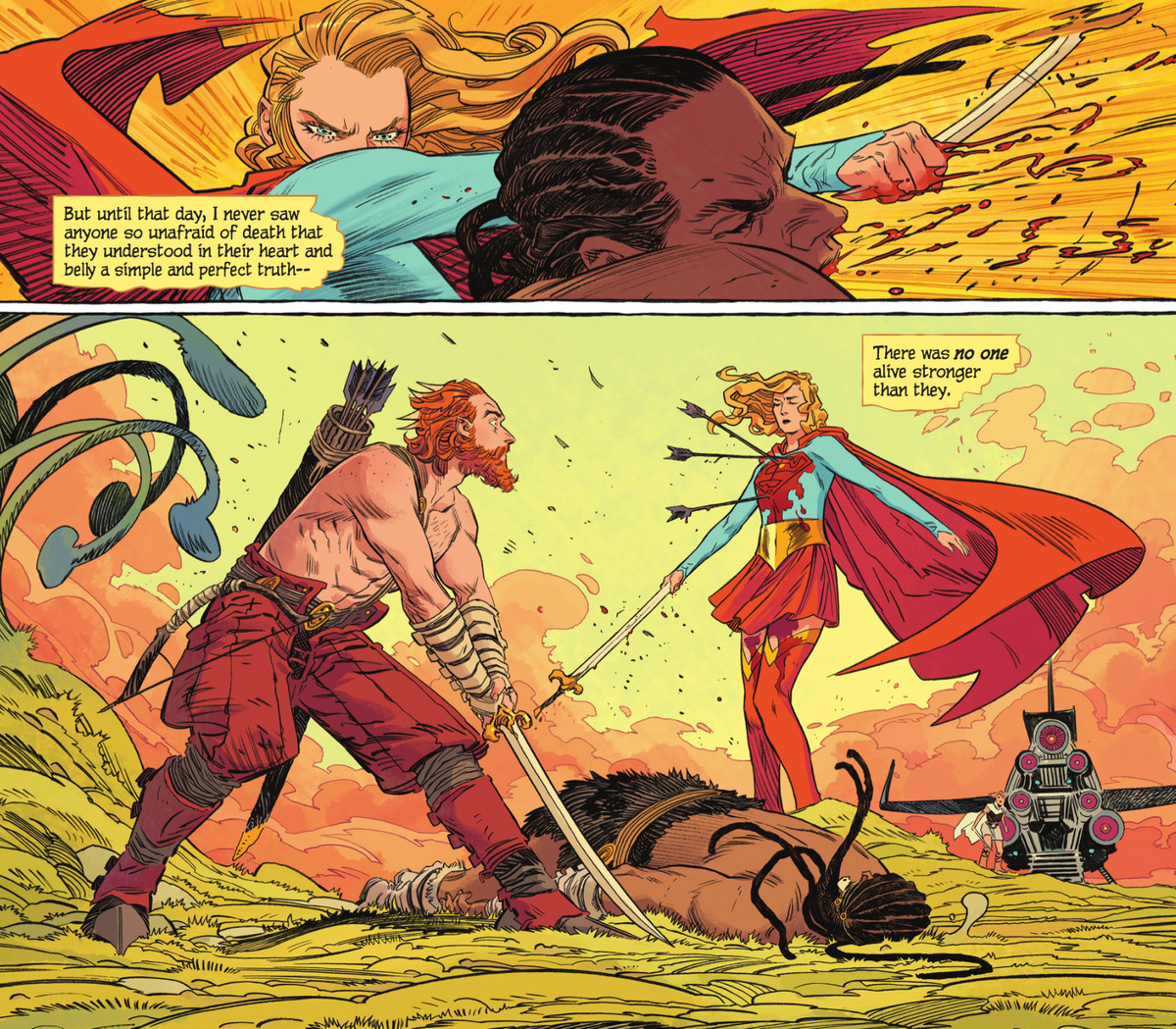 Holding his sword by the tip of the blade, Supergirl punches an assailant to the ground, to the shock of his friend, who fired the three arrows embedded in her bloody chest. “Until that day,” says a narration box, “I never saw anyone so unafraid of death that they understood in their heart [...] there was no one alive stronger than they,” in Supergirl: Woman of Tomorrow #1 (2023). 