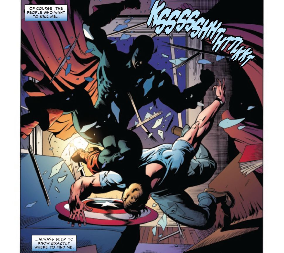 A mysterious assailant dressed as Captain America crashes through a window and onto Steve Rogers in United States of Captain America #1 (2023). 