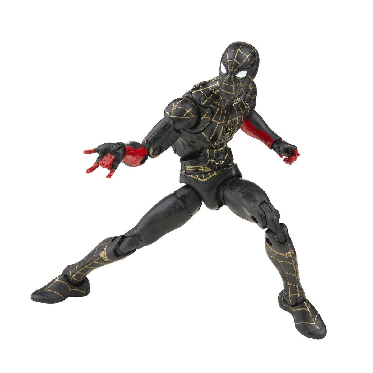 A posed action figure of Spider-Man in a black and gold suit from Spider-Man: No Way Home
