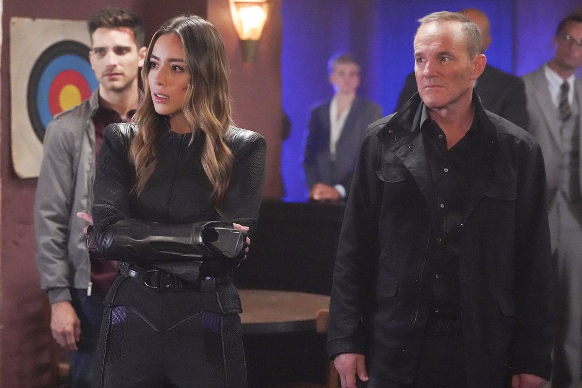 chloe benett and clark gregg in the agents of shield finale