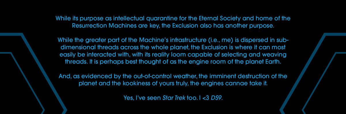 A data page from Eternals #5 (2023) reads “It is perhaps best thought of as the engine room of the planet Earth. And, as evidenced by the out-of-control weather, the imminent destruction of the planet and the kookiness of yours truly, the engines cannae take it. Yes, I’ve seen Star Trek too. I &lt;3 DS9. 