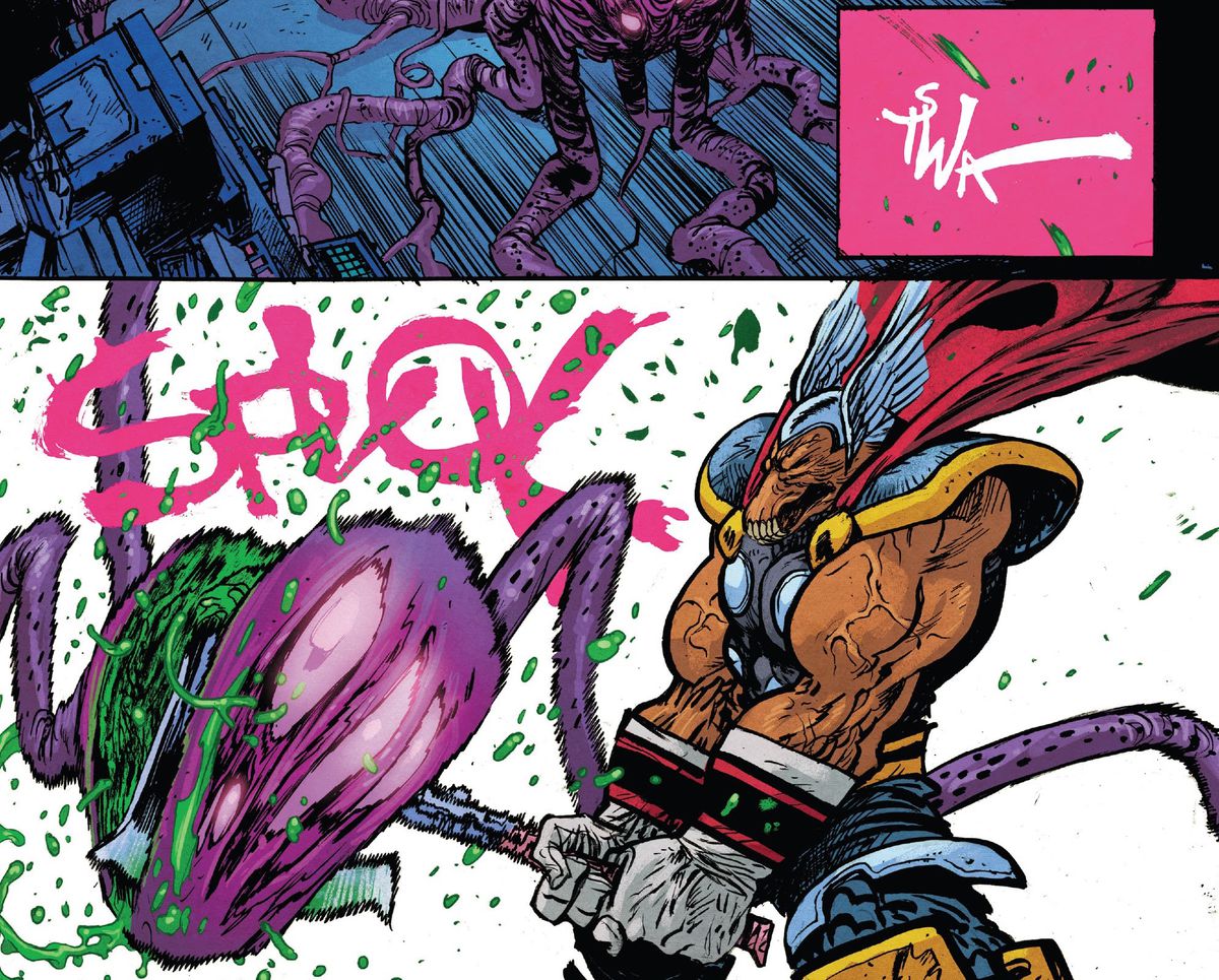 TSWA is the sound effect as Beta Ray Bill raises his axe. SPLOK is the sound as he bisects a giant alien something with all his might in Beta Ray Bill #4 (2023). 