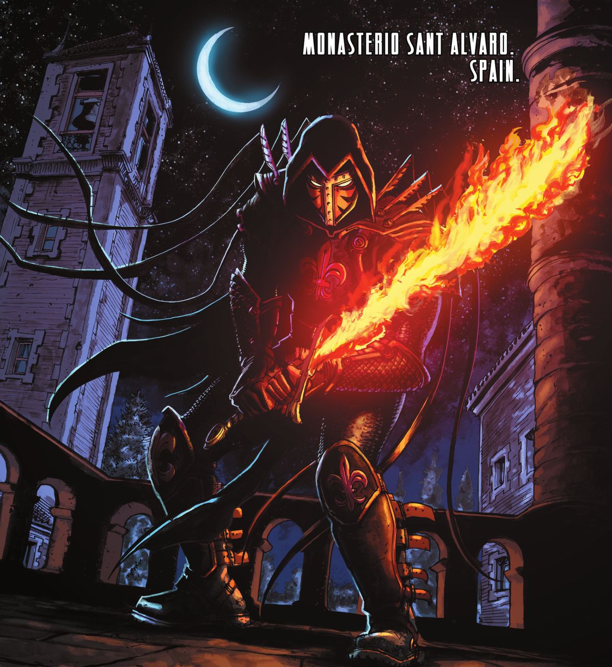 Azrael brandishes his flame sword of vengeance on the moonlit rooftop of the Monasterio Sant Alvard in Spain in Catwoman 2024 Annual. 