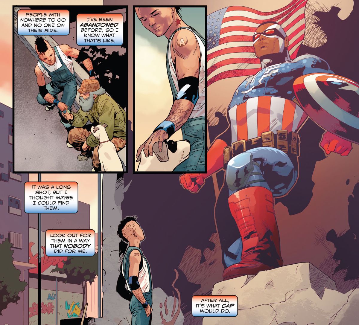 Aaron Fischer muses on how he helps people because it’s what Captain America would do, as he looks up at a mural of Sam Wilson in his Captain America costume in United States of Captain America #1 (2023). 