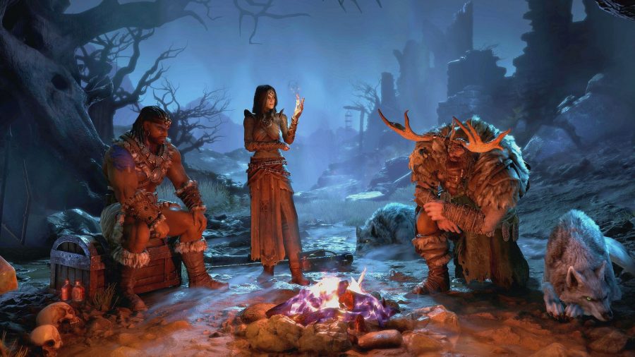 Three of the four revealed characters in Diablo 4 sitting by a camp fire.