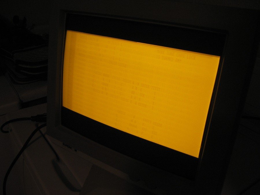 An example of screen burn-in on an amber CRT monitor