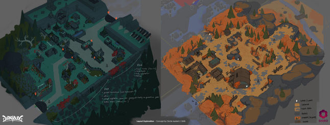 Layout exploration by Cécile Jaubert for Shiro Games' Darksburg (artstation.com/zellk)