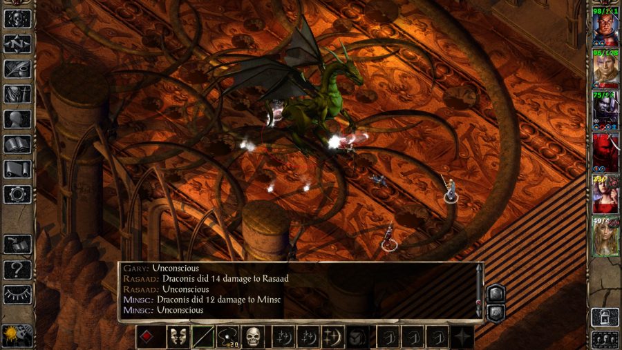 A fight with a dragon in Baldur's Gate, one of the best RPGs on PC