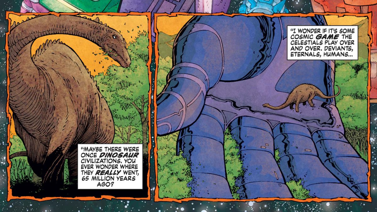 A massive sauropod is no larger than a spider in the hand of a Celestial in Eternals (2006). 