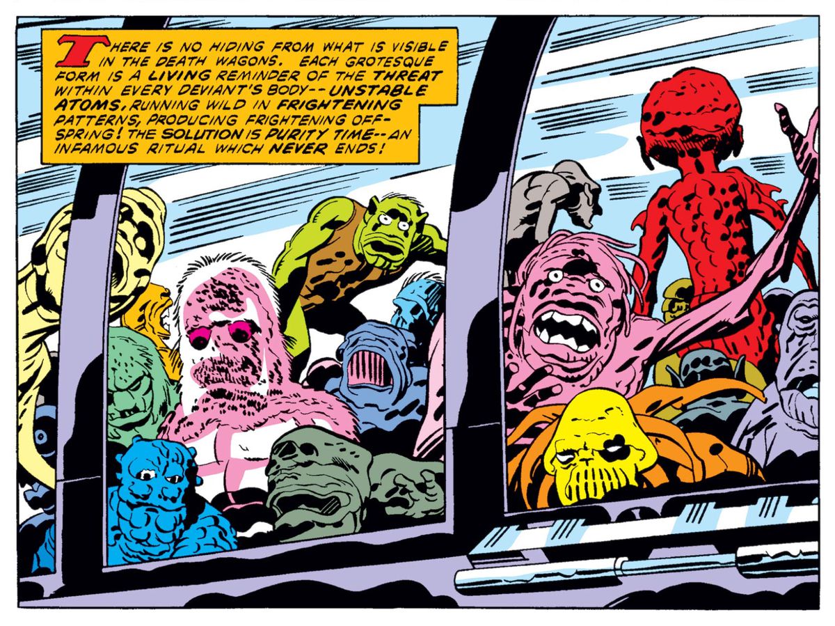 The grotesque forms of mutated Deviants paw at the windows of a vehicle in Eternals #8 (1977). “Each grotesque form is a living reminder of the threat within every Deviant’s body — unstable atoms, running wild in frightening patterns, producing frightening offspring!” reads a narration box. 