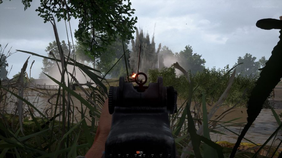 Aiming through the iron sights of an M1 Garand in our Hell Let Loose review
