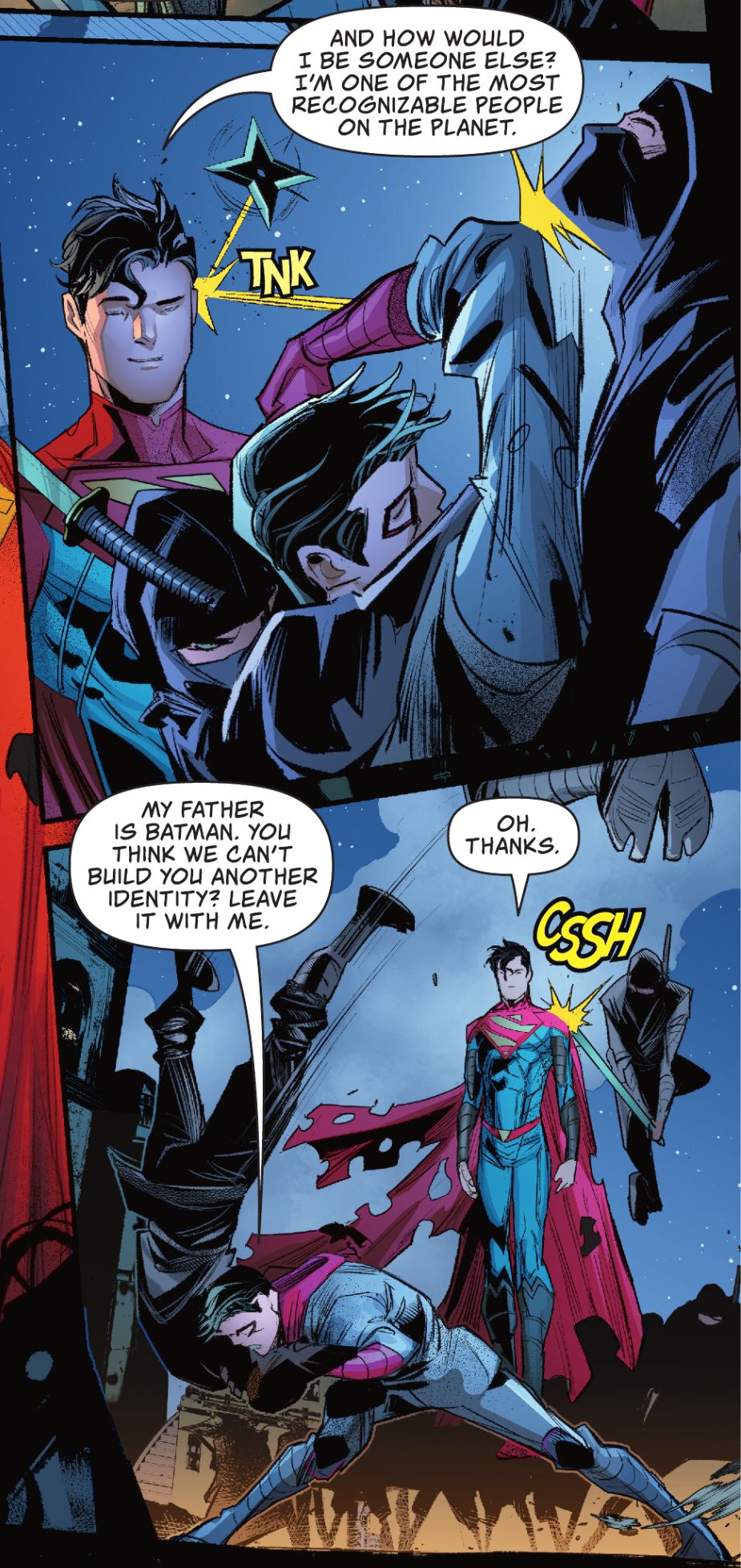 Jon Kent/Superman talks with Damian Wayne/Robin as ninja weapons bounce harmlessly off of him in Superman: Son of Kal-El #1 (2023).