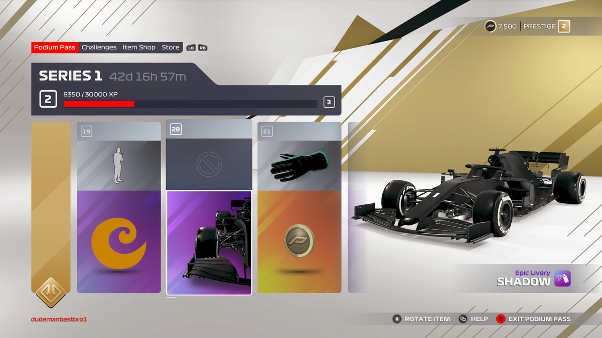 screen showing items that are unlocked at levels 19, 20, and 21 of F1 2024’s podium pass