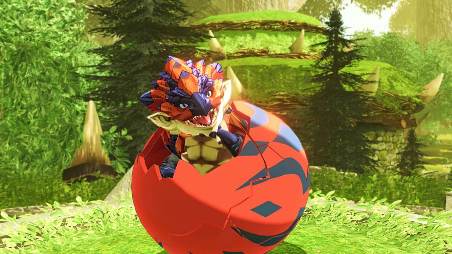 A Razewing Rathalos hatching out of an egg in Monster Hunter Stories 2, a game similar to Monster Hunter World.
