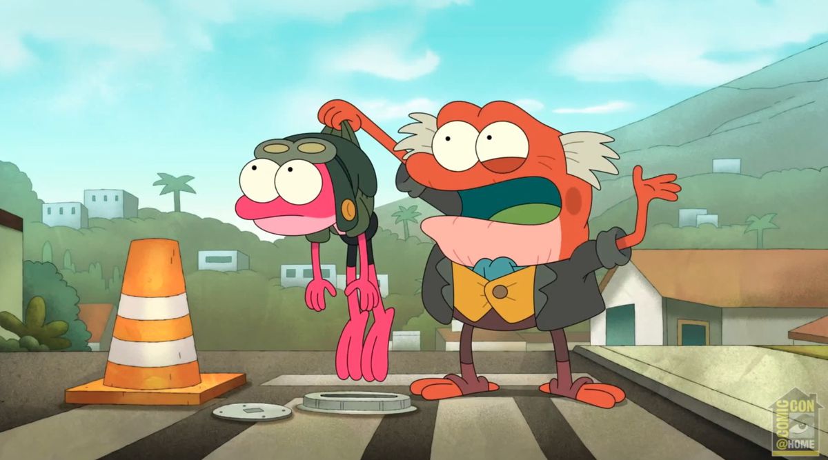 Amphibia: Anne and her parents walk across the street in season 3