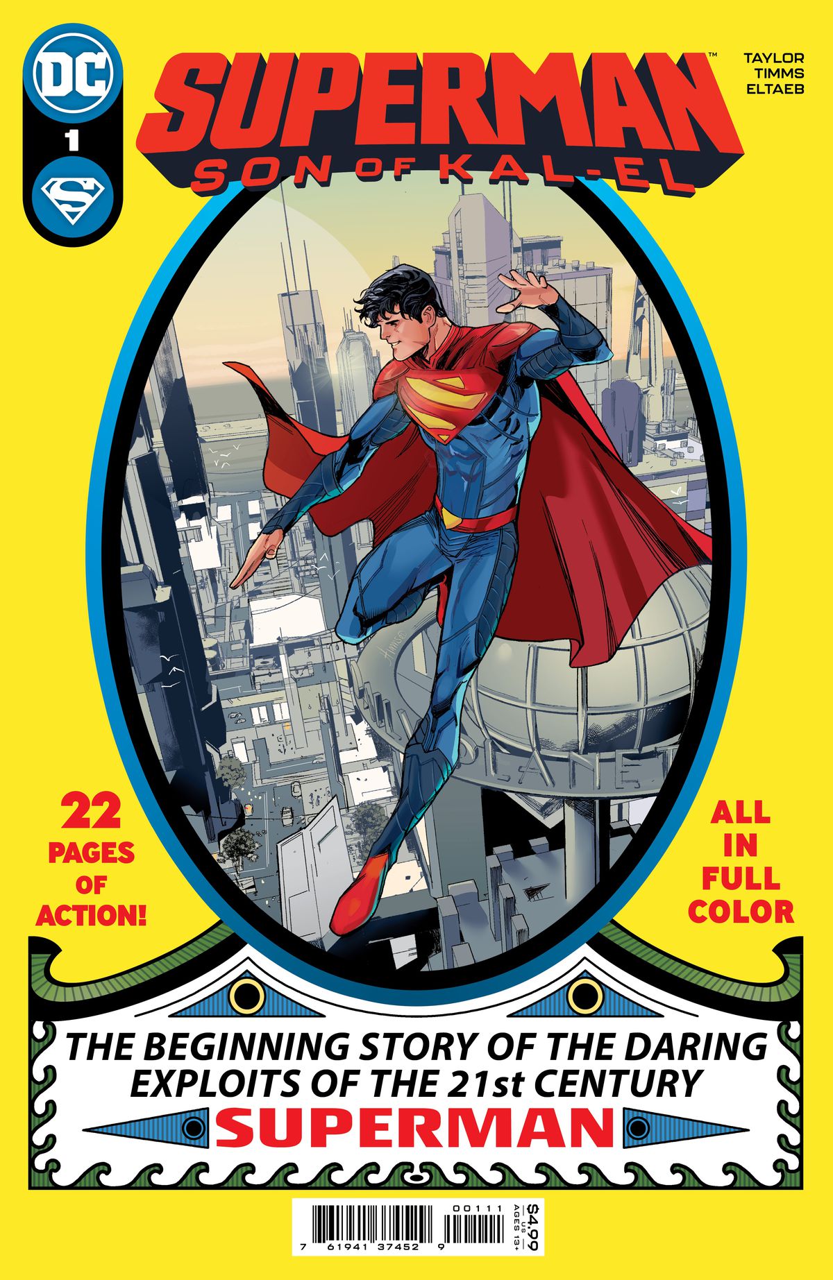 Jon Kent hovers above Metropolis in an homage to the cover of Superman #1, in the cover of Superman: Son of Kal-El #1, DC Comics (2023).