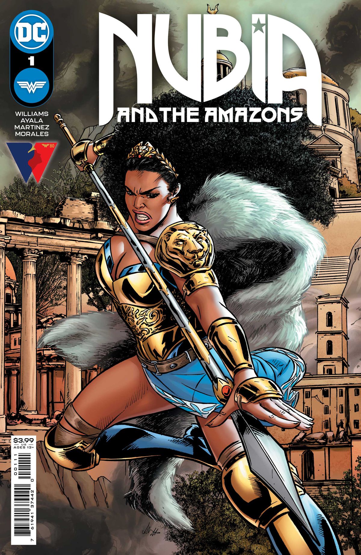 Nubia, queen of the Amazons, brandishes a spear on the cover of Nubia and the Amazons #1 (2023). 