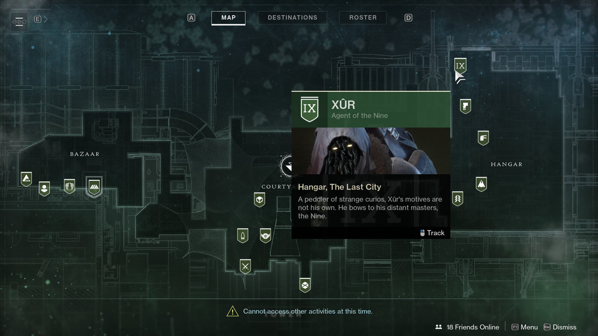 a screenshot of Destiny 2’s map showing the location of Xur in the Tower Hangar