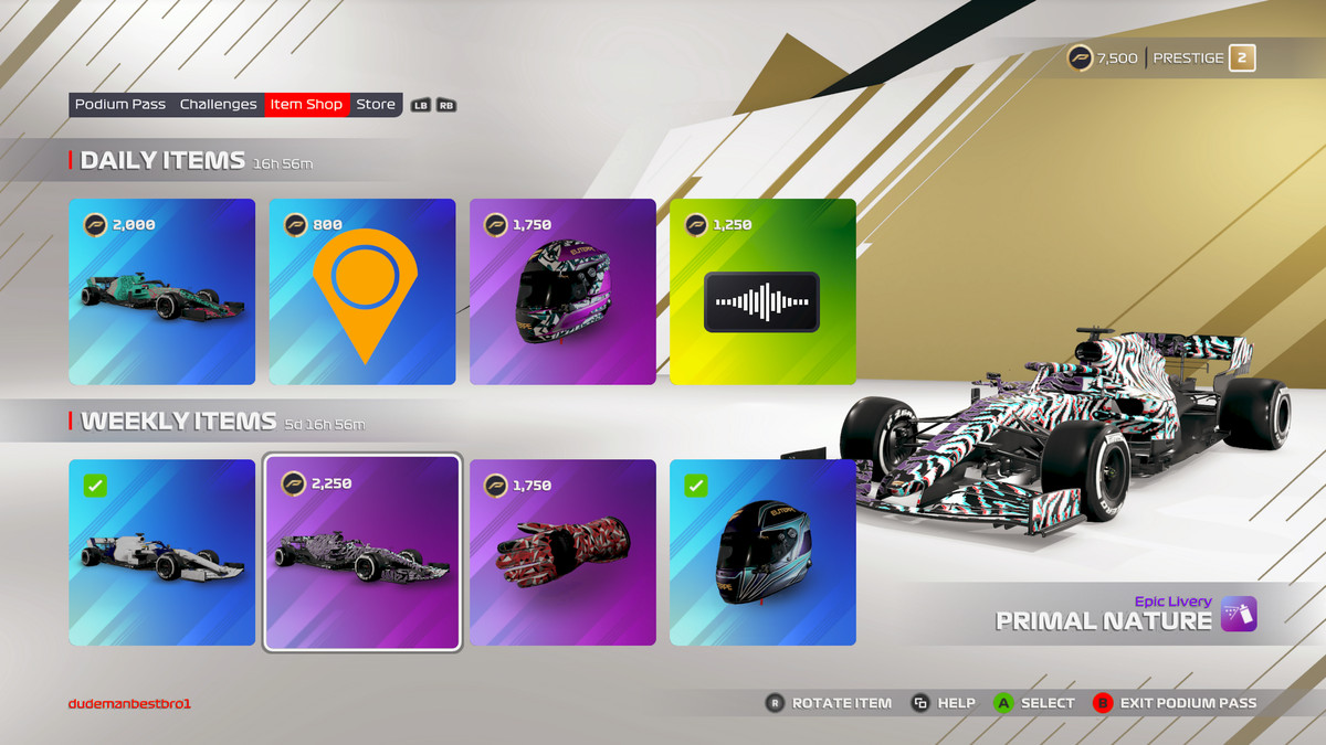 Screen showing eight cosmetics available in F1 2024’s Daily Item Store
