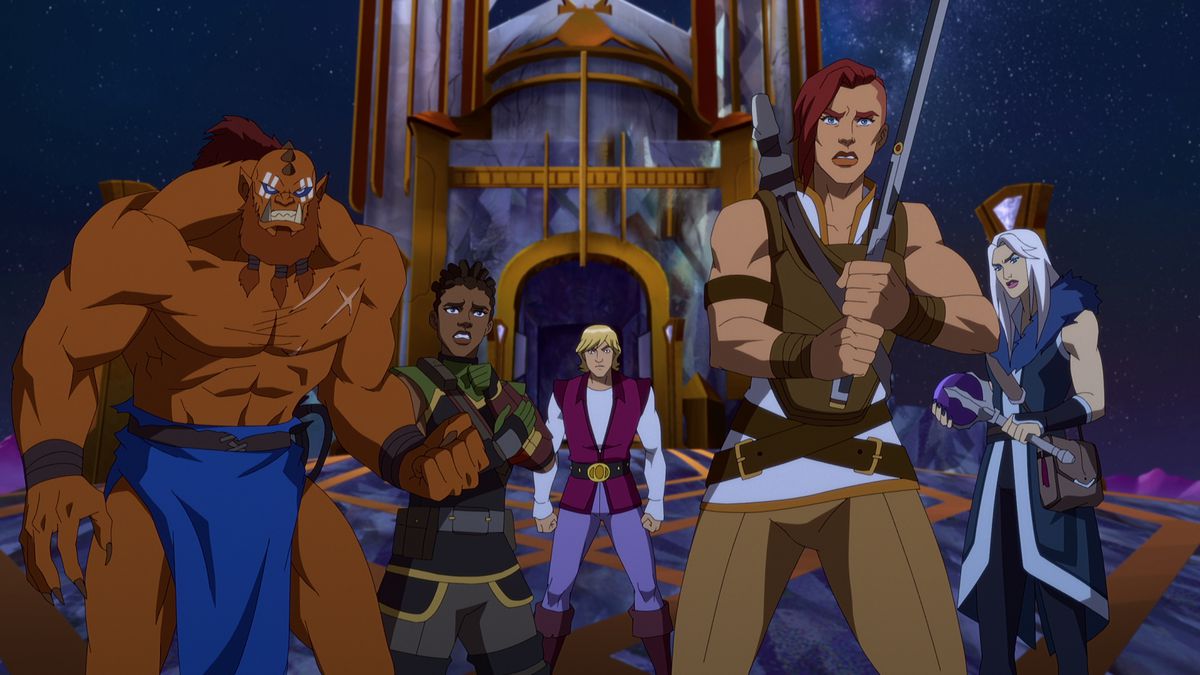 Beast-Man, Andra, Prince Adam, Teela, and Evil-Lyn stand together in a group-hero pose in Masters of the Universe: Revelation