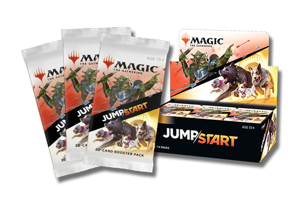 Packs of Jumpstart cards will feature dogs and orcs on the pack art. The graphic design, which splits the two factions with the Jumpstart name, emphasizes that you need 2 packs to play.