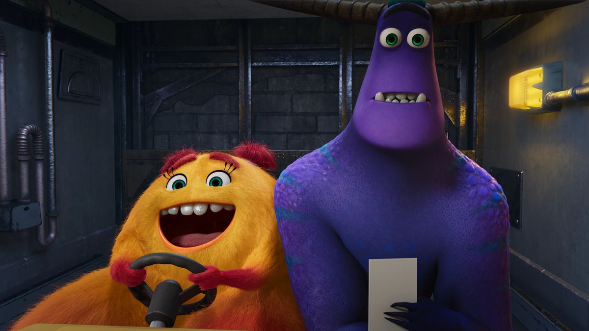 an enthusiastic orange monster driving a golf cart with a very shocked looking purple monster