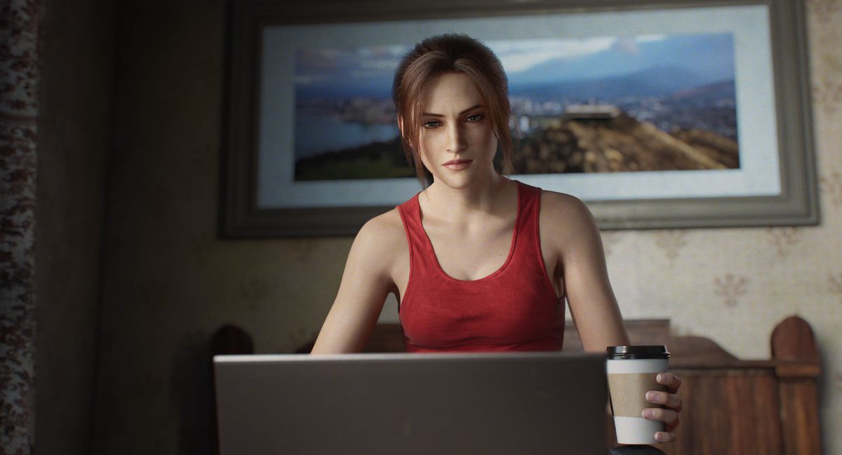 Claire Redfield sits behind a laptop with some java in the Netflix animated miniseries Resident Evil: Infinite Darkness 