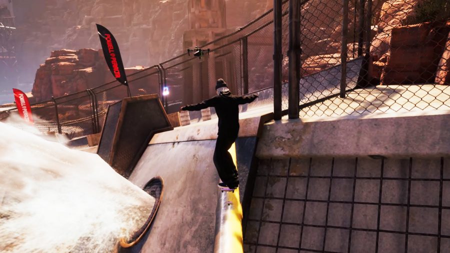 A custom skater grinding a yellow pipe in Tony Hawk's Pro Skater 1+2