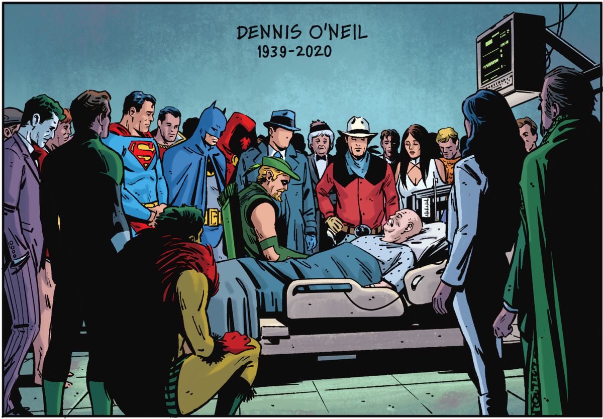 More than a dozen DC superheroes and villains stand around the hospice bed of late comics writer Denny O’Neil in Green Arrow 80th Anniversary 100-Page Super Spectacular (2023). 