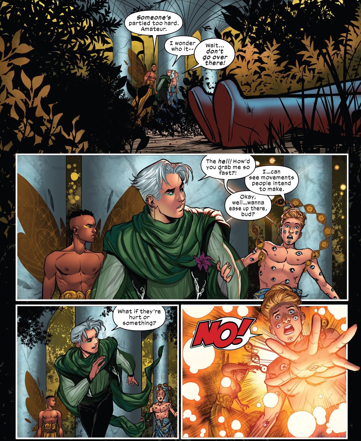 Eyeboy, Speed, and Prodigy come across the red boots of someone apparently passed out in a Krakoan garden. Eyeboy tries desperately to keep Speed from going any closer in X-Factor #10 (2023). 