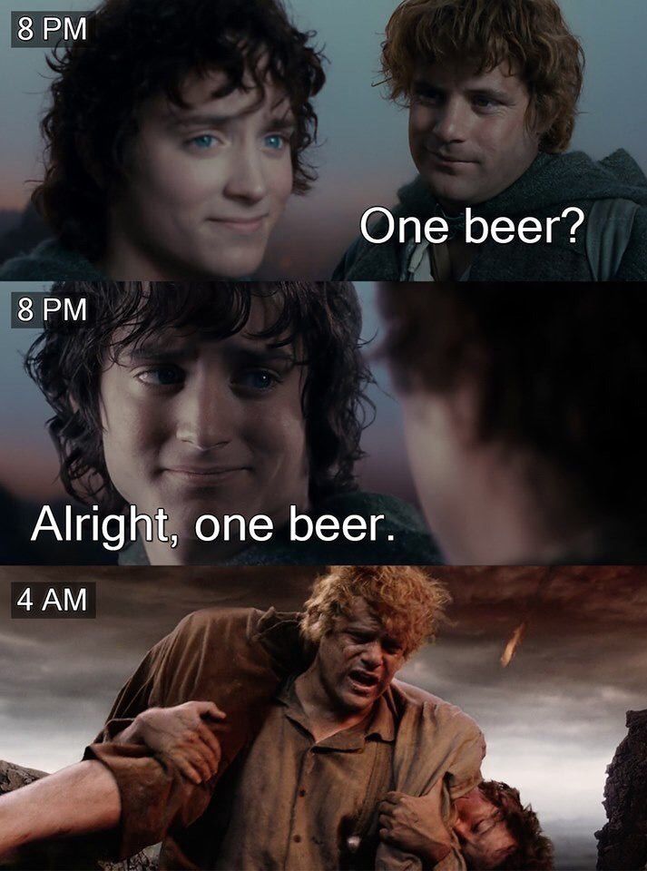 Screencaps of Frodo and Sam from the Lord of the Rings trilogy are repurposed with captions to create a story of Frodo and Sam deciding to have one drink at 8pm, followed by Sam carrying an exhausted Frodo through a lava field at 4am. 