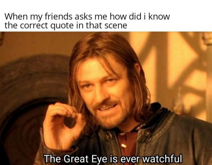 The usual “One does not simply walk into Mordor” meme image but with the correct subtitle “The Great Eye is ever watchful,” captioned “When my friends ask me how did i know the correct quote in that scene.” 