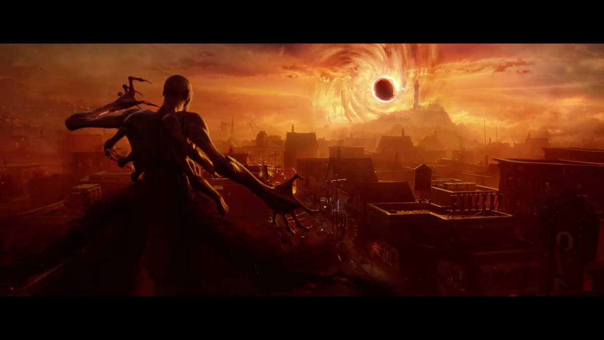 a many-armed vampire looks toward a black sun in Redfall