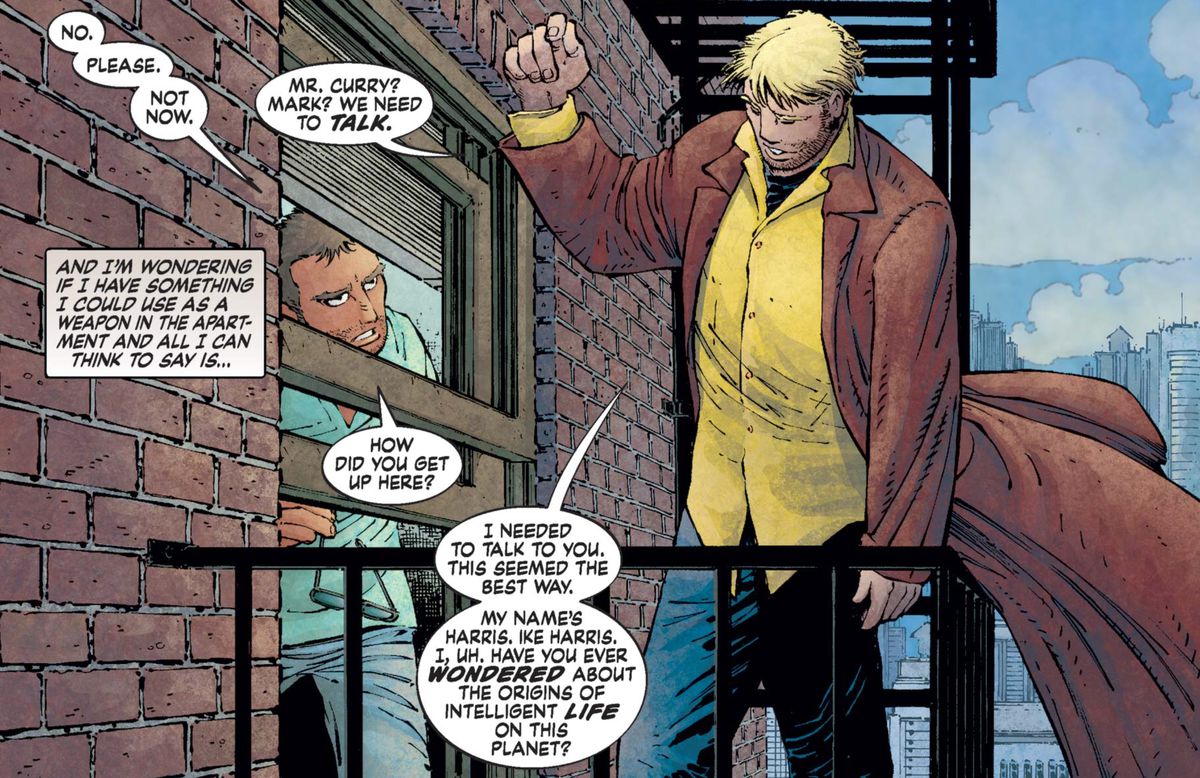 “Mr. Curry?” says Ike Harris, standing on the fire escape outside his apartment window, “We need to talk.” “How did you get up here?” Mark asks in Eternals (2006). 