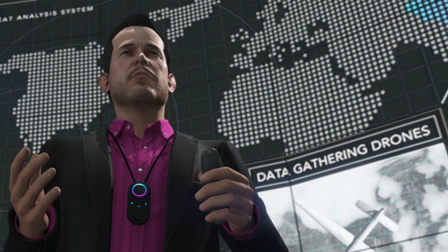 A GTA 5 character standing in front of a screen with information about Data Gathering Drones, which, if we had any, we would put to work discovering more about GTA 6. 