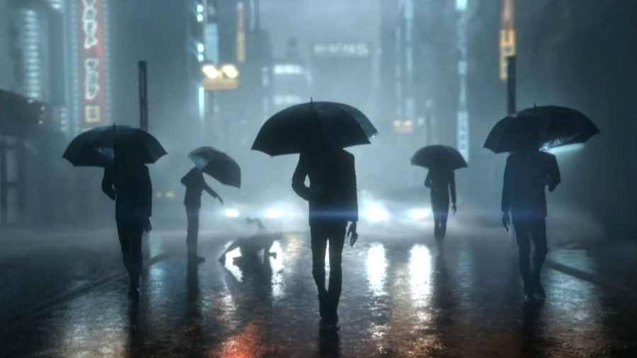 Five silhouetted characters holding umbrellas