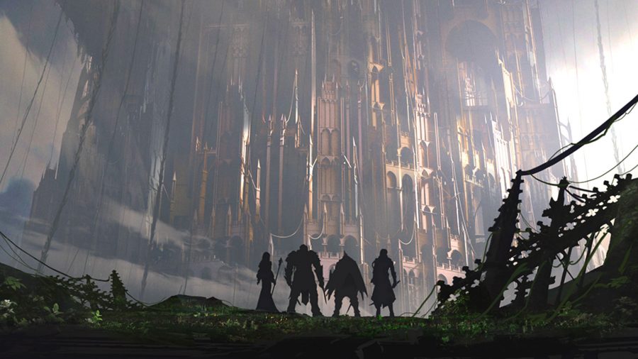 a group of adventurers staring at a vast bastion, which may be the Tower of Babel