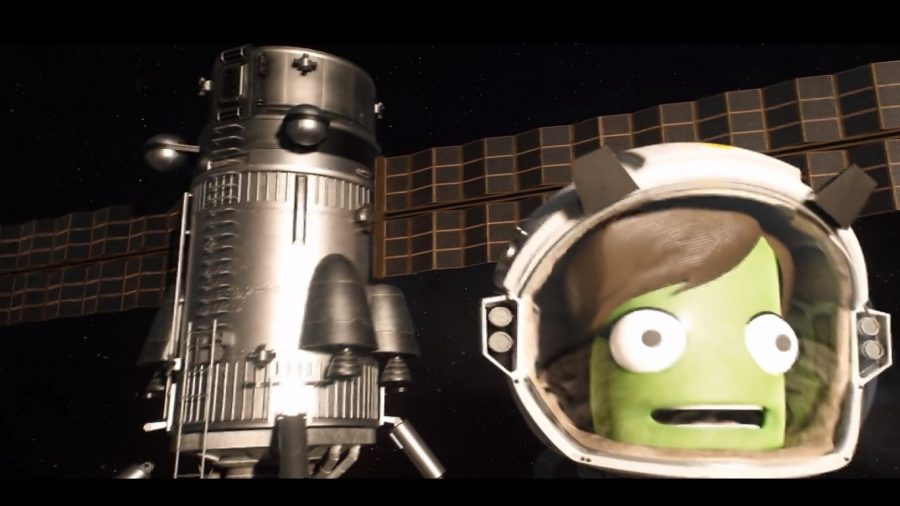 a green-faced Kerbal with a satellite