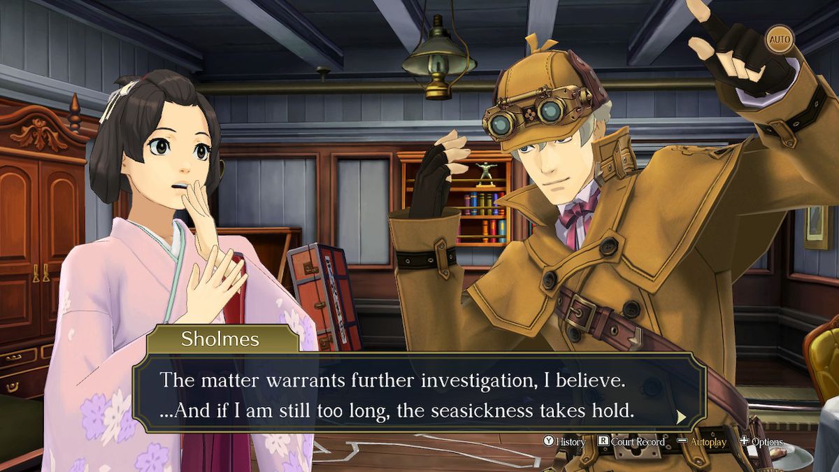 Susato (left) gasps in response to Herlock Sholmes (right) in The Great Ace Attorney Chronicles
