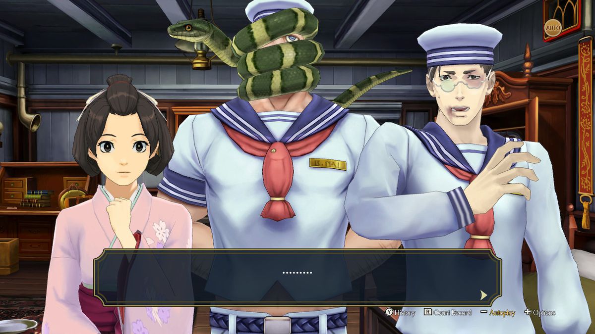 Susato (left), Strogenov and his pet snake (center), and Inspector Hosonaga&nbsp;(right) in The Great Ace Attorney Chronicles