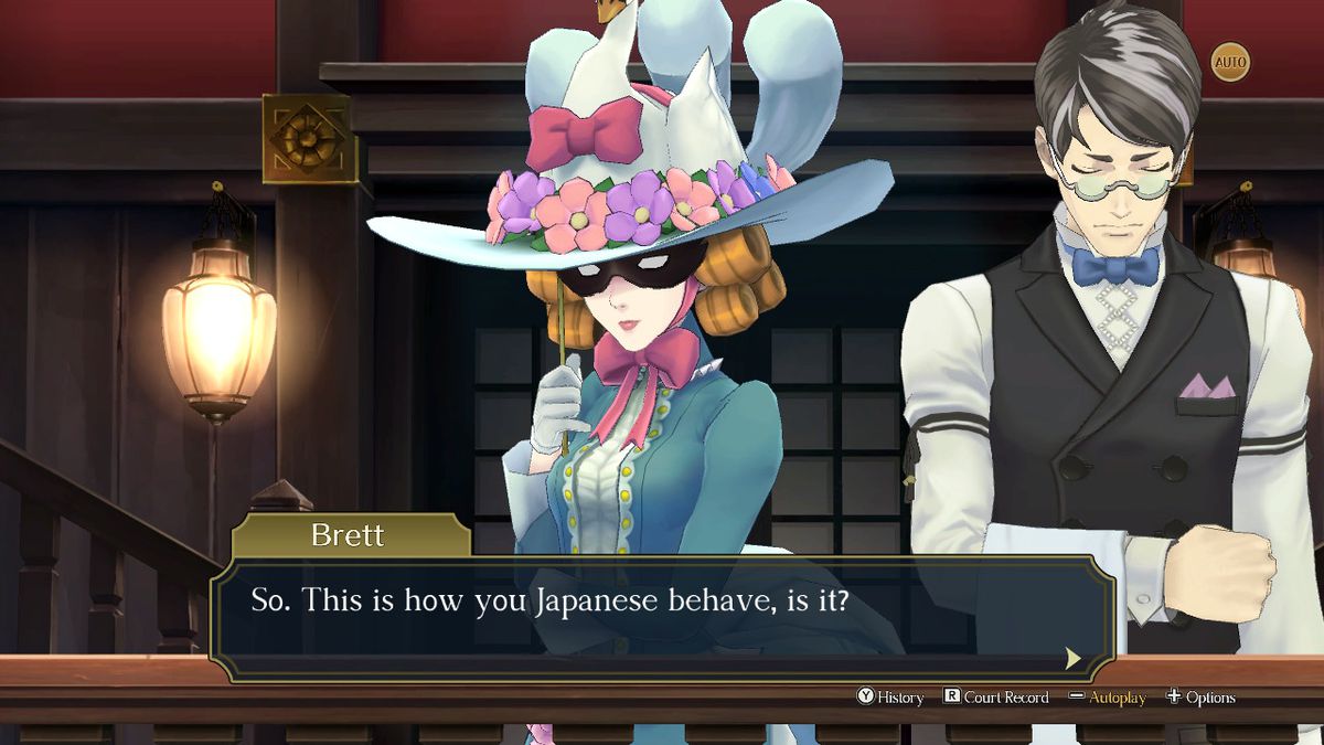Jezaille Brett, an Englishwoman in The Great Ace Attorney Chronicles, accosts Ryunosuke in the courtroom: “So, this is how you Japanese behave, is it?”