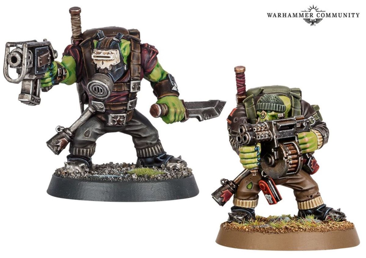 Two different options for the same Ork torso, one with a multi-barreled bolter and the other with a single stub pistol.