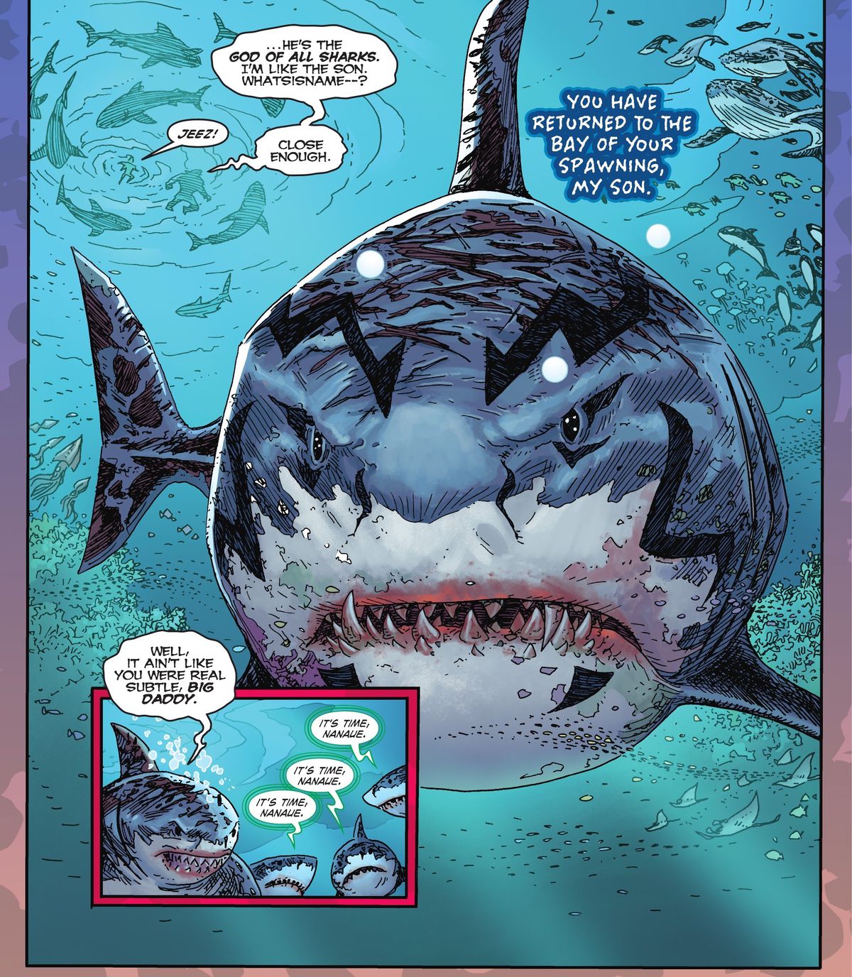 “He’s the god of all sharks. I’m like the son. Whatsisname—?” says King Shark, floating above his father, a titan-sized great white shark god covered in scars and striped markings. “Jeez!” says his human companion. “Close enough,” he replies, in Suicide Squad: King Shark #1 (2023). 