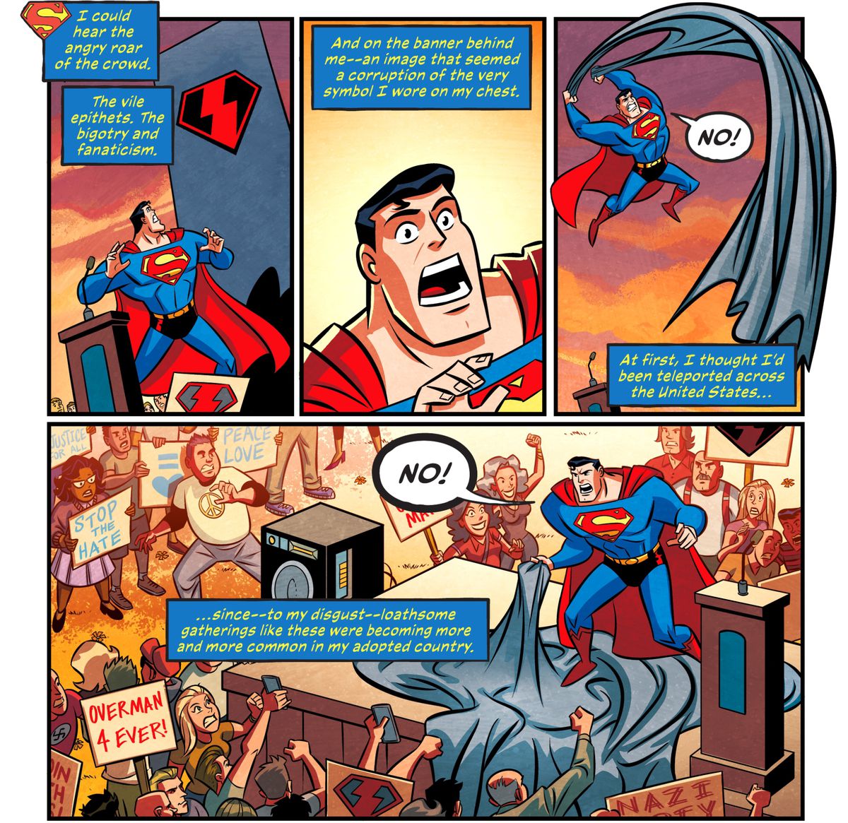 Superman is shocked to find himself in the middle of a rally/counter protest between anti-fascist pacifists and supporters of what appears to be a fascist version of his symbol — one of the supporters has a pro-Nazi sign, in Justice League Infinity #2 (2023). 